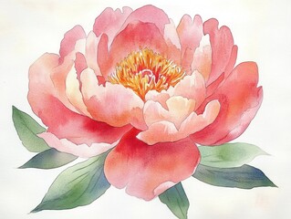 Delicate watercolor painting of a blooming pink and coral peony flower with soft green leaves radiating calm and gentle beauty