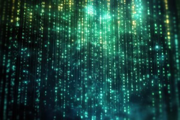 Glowing vertical streams of green and yellow digital code in a dark, mysterious environment evoking a futuristic, technological atmosphere