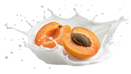 Apricot halves splashing into milk isolated on transparent background for advertising