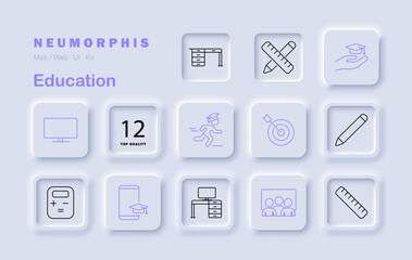 Education set icon. Shows desk, pencil, ruler, monitor, student, target, cap, calculator, board, classroom, mobile, graduation, group, number badge