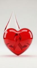 Red ribbon inside heart shaped blood drop. Aids awareness and donation concept.