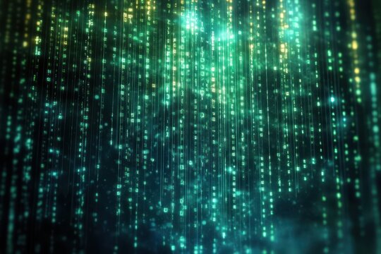 Glowing vertical streams of green and yellow digital code in a dark, mysterious environment evoking a futuristic, technological atmosphere