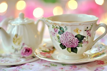 Elegant Floral Tea Party Setup with Hydrangea Design for Special Celebrations and Gatherings