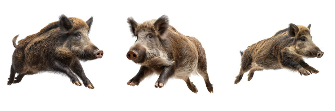 Set of Adult wild boar in mid-run, captured in sharp detail on transparent png background. Ai generated