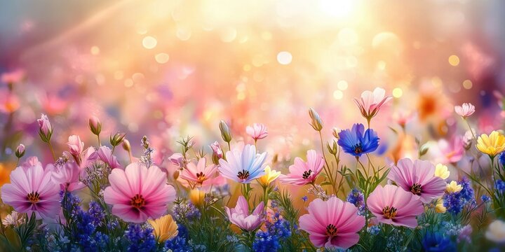 A vibrant field of colorful wildflowers with pink, blue, white, yellow blooms under warm golden sunlight creating a dreamy and peaceful atmosphere