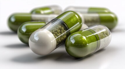 Bright white and green capsules lie scattered, showcasing the blend of natural ingredients within. Ideal for health enthusiasts seeking dietary support and wellness benefits