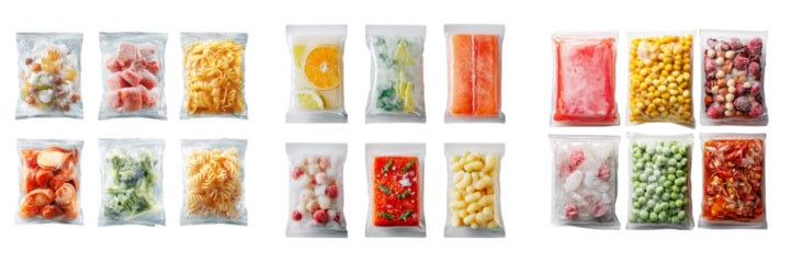 Set of Clear plastic bag filled with frozen vegetables, including bell peppers and green beans on transparent png background. Ai generated