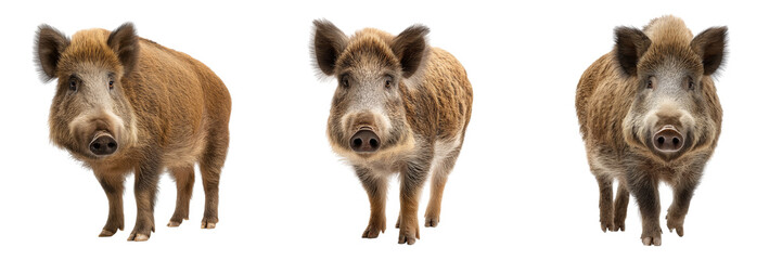 Naklejka premium Set of Close-up of a wild boar facing forward on a white background, sharp focus, professional lighting, realistic animal portrait on transparent png background. Ai generated