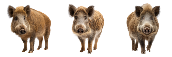 Set of Close-up of a wild boar facing forward on a white background, sharp focus, professional lighting, realistic animal portrait on transparent png background. Ai generated