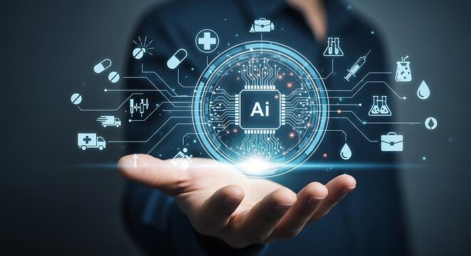 Artificial intelligence in healthcare conceptual image featuring futuristic technology and medical icons with hand gesture