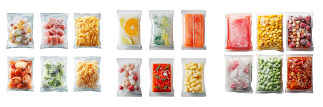 Set of Clear plastic bag filled with frozen vegetables, including bell peppers and green beans on transparent png background. Ai generated