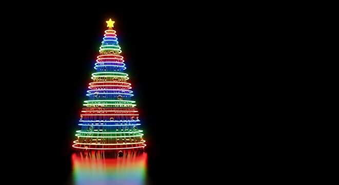 Colorful neon christmas tree glows brightly against a dark black background