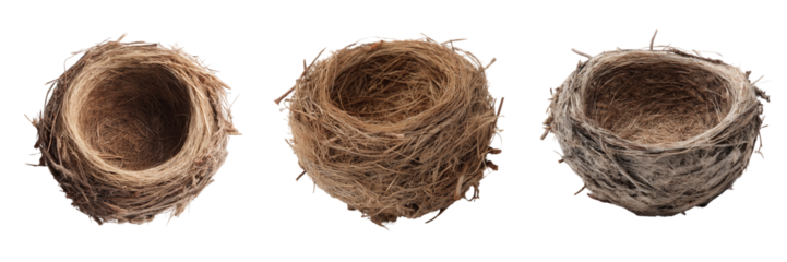 Set of Empty straw bird’s nest positioned in the center of a white surface, clean minimal composition, professional stock photo style on transparent png background. Ai generated