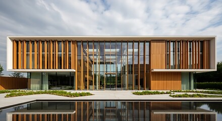 Modern Architectural Masterpiece with Reflecting Pool and Lush Landscaping.