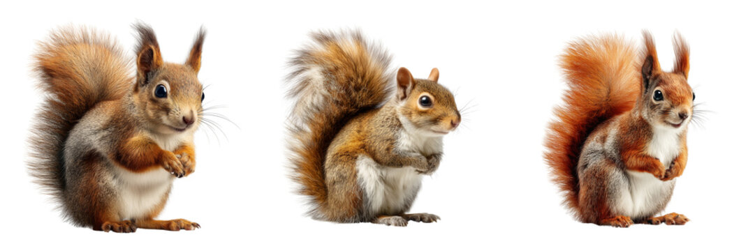 Set of Cute red squirrel holding a nut on transparent png background. Ai generated