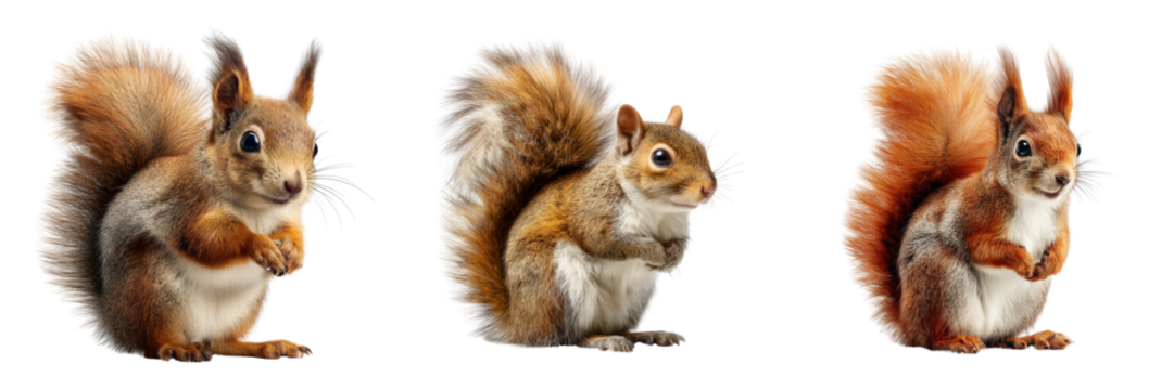 Set of Cute red squirrel holding a nut on transparent png background. Ai generated