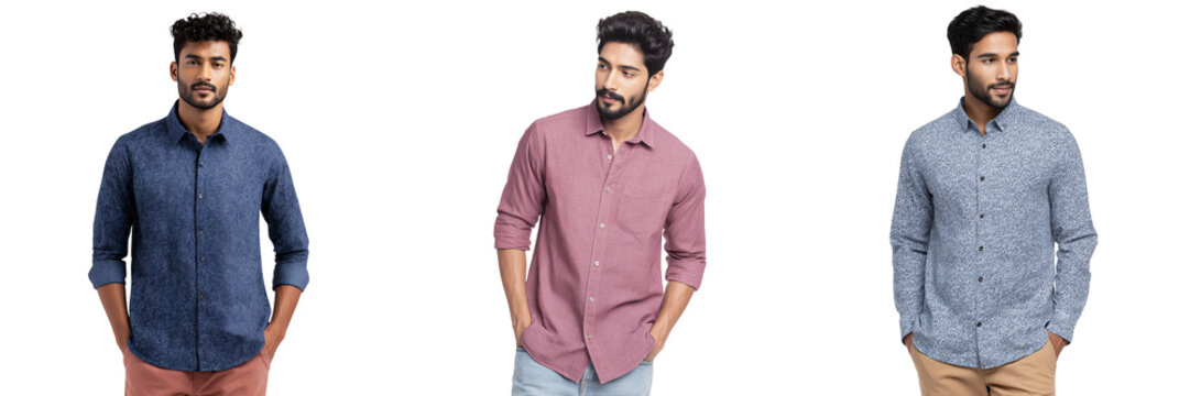 Set of Men&rsquo;s stylish printed cotton shirt, full sleeve, regular fit, laid flat neatly with buttons visible on transparent png background. Ai generated