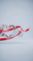 Hands forming heart shape with red ribbon. Symbol of love, care, and appreciation.