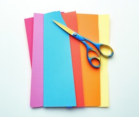Brightly colored craft paper sheets neatly arranged with a pair of blue-handled scissors on top, evoking creativity and crafting activity