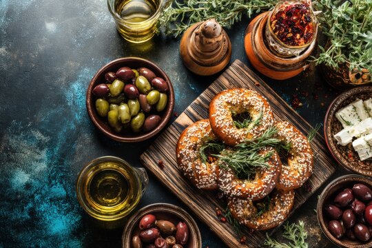Gourmet bagels topped with sesame seeds adjacent to a medley of olives and extra virgin olive oil showcasing Mediterranean culinary artistry on a rustic wooden platter