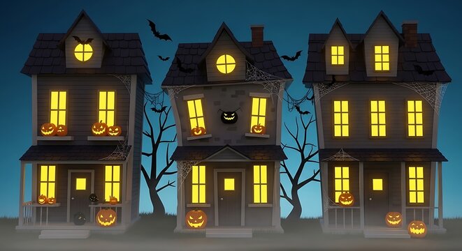 Spooky Haunted Houses Decorated for a Festive Halloween Night.