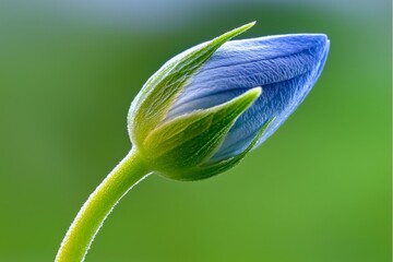 Emerging Blue Hydrangea Bud with Delicate Petals Against a Soft Green Background