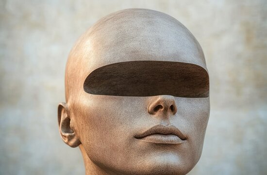 Close-up of a surreal bald head sculpture with a hollowed-out black visor where eyes would be, against a blurred neutral background, evoking a mysterious and futuristic feeling