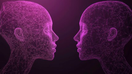 Obraz premium Abstract wireframe faces, side profile, in pink, facing each other