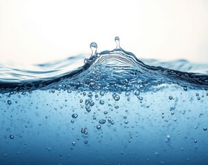 Close-up of clear water surface with bubbles rising and droplets forming peaks against a bright background