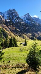 A breathtaking alpine scene in the Bernese Oberland, Switzerland, featuring the Niederhorn mountain chain surrounded by golden autumn colors