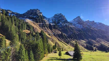 A breathtaking alpine scene in the Bernese Oberland, Switzerland, featuring the Niederhorn mountain chain surrounded by golden autumn colors