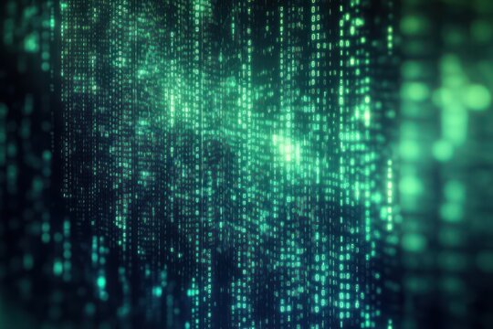 Glowing vertical streams of binary code in green on a dark background evoking a digital and futuristic atmosphere