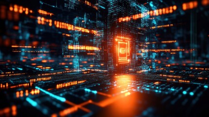 Futuristic digital circuit environment with glowing orange and blue code lines surrounding a central bright orange holographic square display, evoking a high-tech and immersive atmosphere