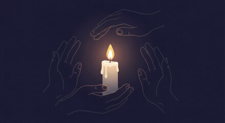 A candle is burning in the dark, surrounded by hands that protect it, symbolizing hope, faith, and the power of human connection