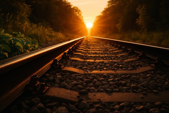 Golden Sunset Illuminating Railway Tracks Through Dark Woods