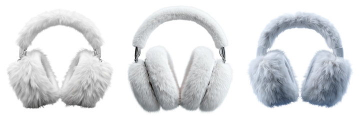 Set of White fuzzy earmuffs product shot, clean minimal background, detailed fur texture, high-quality on transparent png background. Ai generated