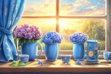 Freshly Cut Hydrangeas Displayed on Kitchen Counter with Natural Light Streaming In