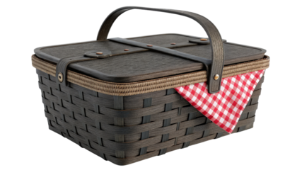 Picnic basket with red and white checkered napkin isolated on transparent background