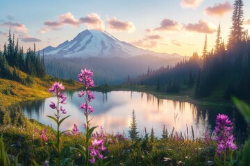 Tranquil mountain lake at sunrise with blooming purple wildflowers and snow-capped peak surrounded by pine forest reflecting in calm water