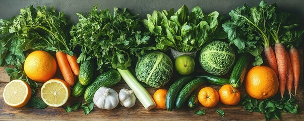 Fresh assortment of green leafy vegetables, citrus fruits, carrots, cucumbers, cabbage, garlic, and celery arranged on rustic wooden surface conveying healthy natural food and freshness