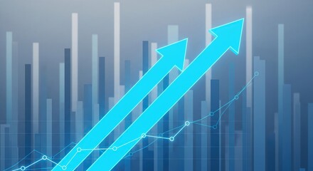 Three bright blue arrows pointing upwards over a financial graph background