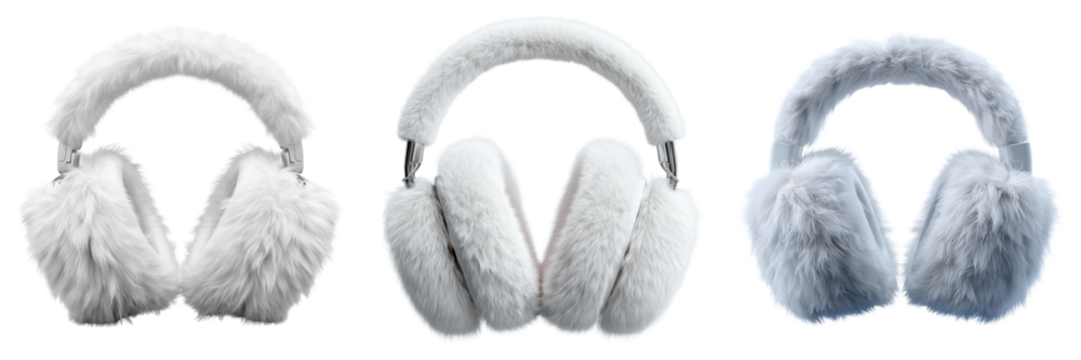 Set of White fuzzy earmuffs product shot, clean minimal background, detailed fur texture, high-quality on transparent png background. Ai generated
