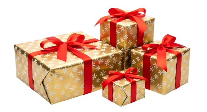 A collection of four gold gift boxes with red ribbons, isolated on transparent background