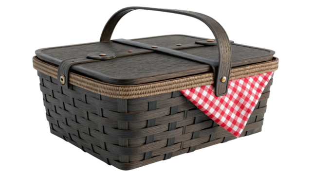 Picnic basket with red and white checkered napkin isolated on transparent background
