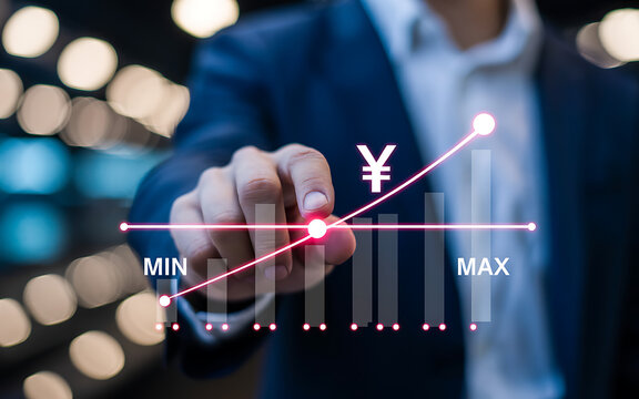 Businessman pointing at a financial graph with japanese yen symbol indicating growth and profit, representing investment and economic success - Powered by Adobe