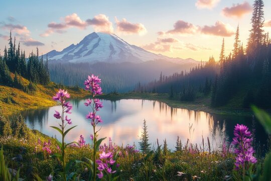 Tranquil mountain lake at sunrise with blooming purple wildflowers and snow-capped peak surrounded by pine forest reflecting in calm water