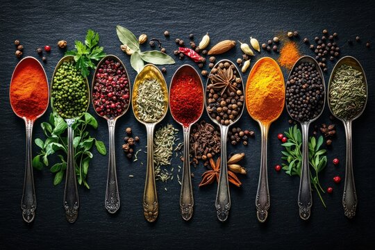 Array of vintage spoons filled with colorful ground and whole spices arranged neatly on dark surface showcasing variety and freshness - Powered by Adobe