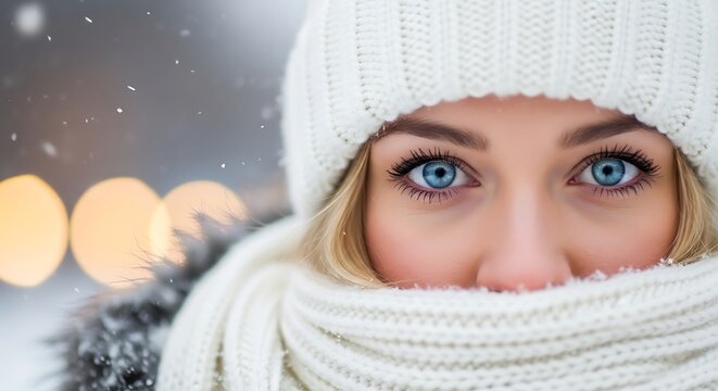 Beautiful blonde woman wearing winter accessories with intense blue eyes in a snowy cold winter landscape scene