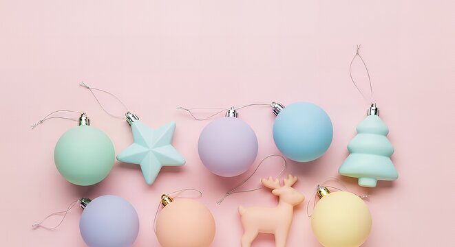 Pastel christmas ornaments arranged on a pink background for holiday cheer