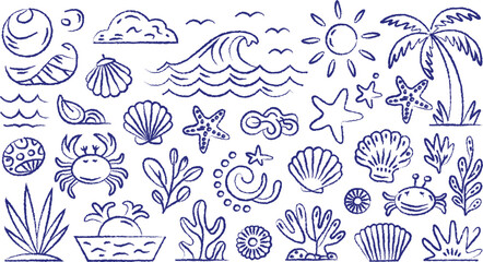 Playful blue crayon drawing of ocean life and beach elements set.